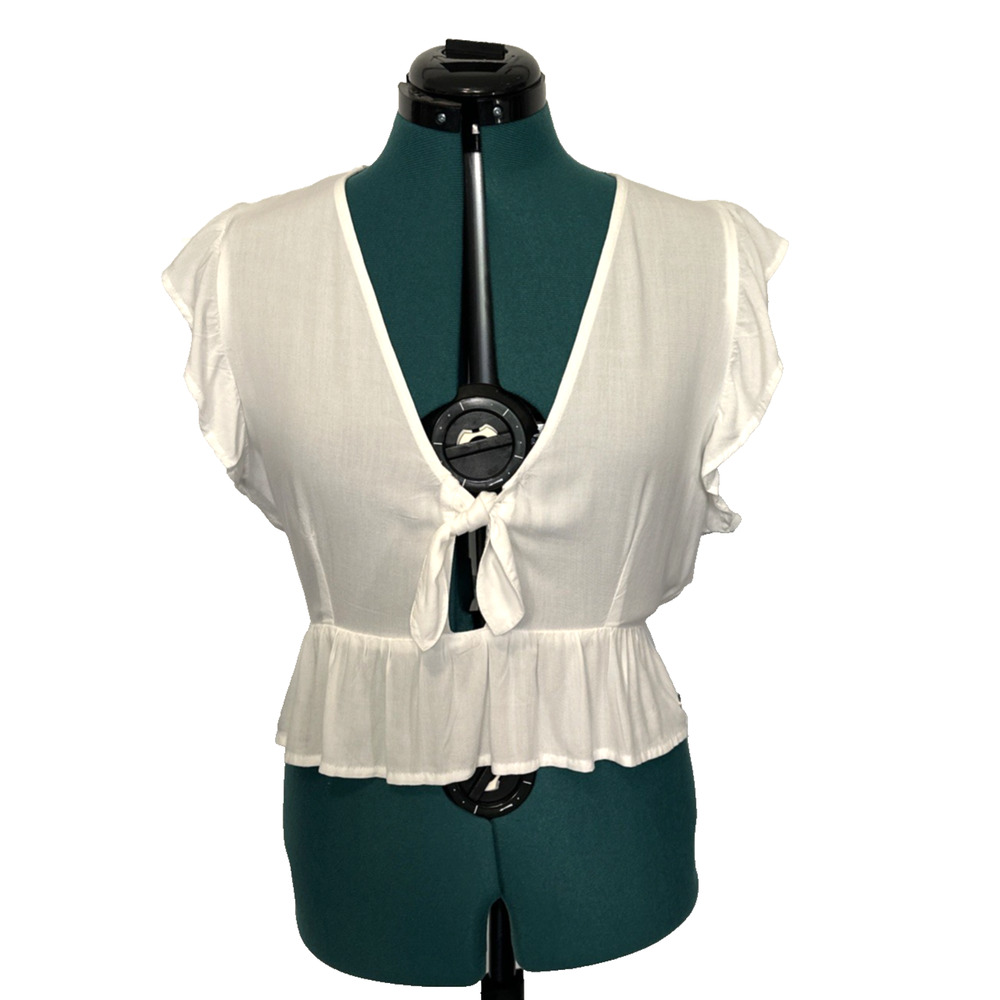NWT Roxy Womens Sweetest Love‎ Top Cropped White Size L Deep V Neck Ruffle Shirt